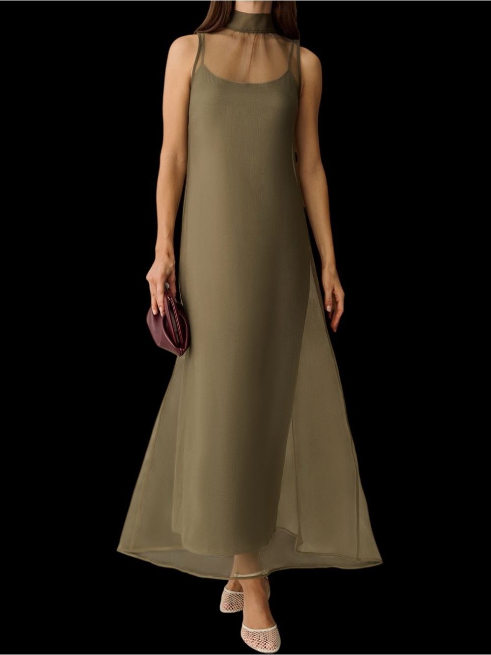 Few Moda Caara Alette Dress Sheer Overlay Moss Grey Maxi  NWT
